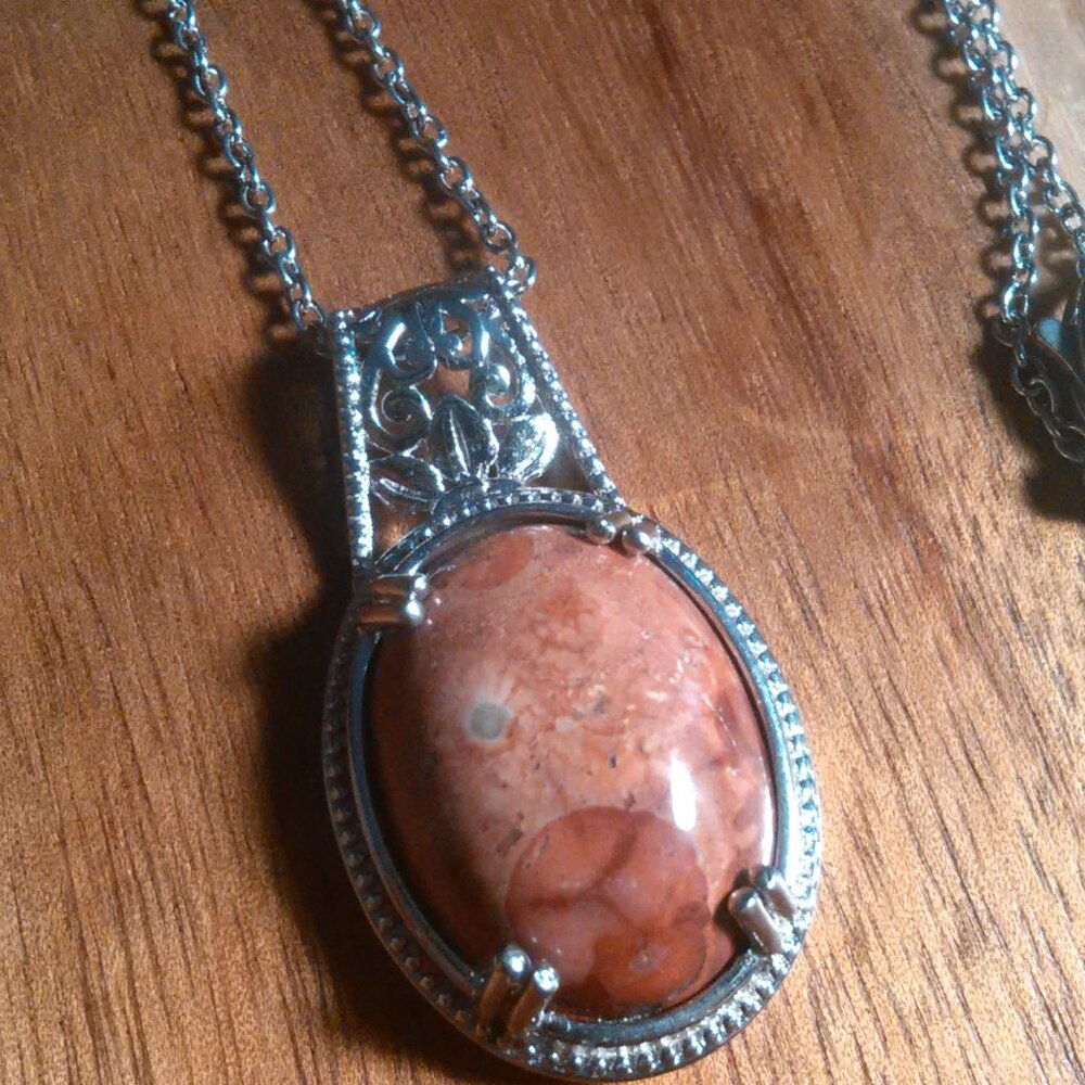 Poppy Jasper Solitaire Platinum Over Copper Pendant Stainless Steel Necklace